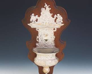 Rococo Style Silver Holy Water Font on Wooden Plaque
