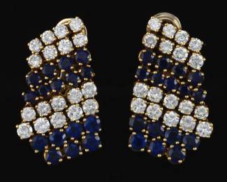 Ladies French Mid Century Modern Pair of Gold, Blue Sapphire and Diamond Cascade Earrings