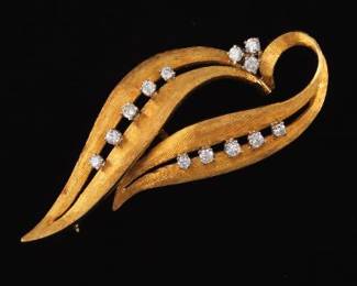 Ladies Vintage Gold and Diamond Foliate Pin Brooch