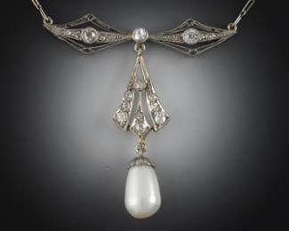 Edwardian Platinum, Peral and Diamond Lavaliere Necklace