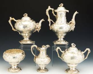 Tiffany Co. Sterling Silver FivePiece Mansion TeaCoffee Service, 1854 Grapes and Vines Pattern
