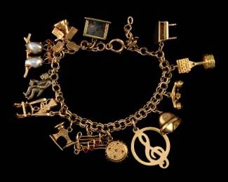 Ladies Vintage Gold, Pearl and Enamel Charms Bracelet with Charms