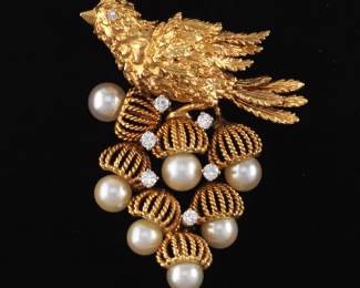 14K Partridge In A Pear Tree Diamond and Pearl Brooch