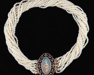 Victorian Stunning Gold, Silver, Seeds Pearl, Enamel and Miniature Necklace, ca. 1860s