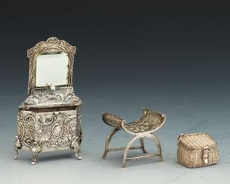 Three German Sterling and 800 Silver Baroque Style Doll House Items, Pseudo Hanau