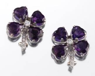 Ladies Pair of Gold, Amethyst and Diamond Lucky Shamrock Earrings
