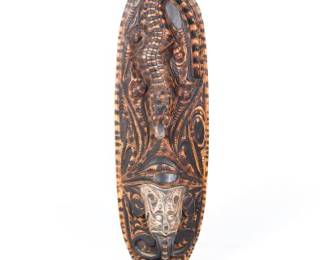 Large Papua New Guinea Carved Wooden Spirit Mask with Crocodile Motif