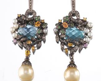 Ladies pair of Blackened Gold, Pearl, Diamonds and Gem Stones Earrings