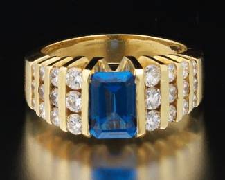 Ladies Gold, Diamond and Lab Grown Blue Spinel Ring