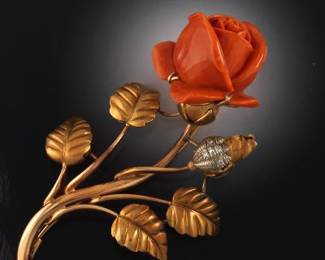 Ladies Exquisite Retro Gold, Carved Coral and Diamond Rose Branch Brooch
