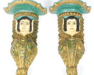 Pair of Carved and Polychrome Wall Brackets