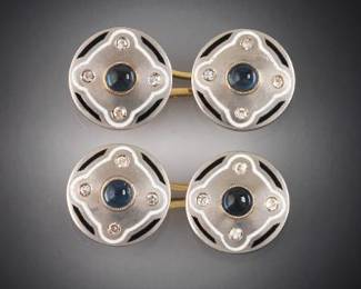 14K Art Deco Enamel Platinum Top and Diamond Cufflinks