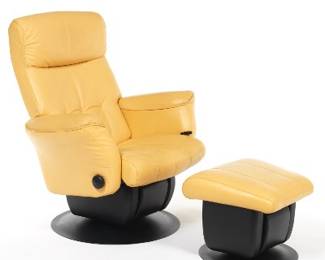 Amber Leather Glider Rocker Armchair with Ottoman, by Dutailier