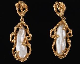 Arthur King Style Pair of Gold and Baroque Pearl Earrings