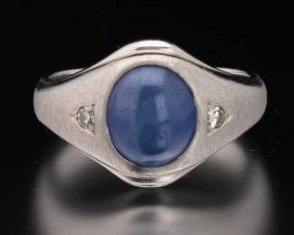 Classical Gold, Blue Star Sapphire and Diamond Ring