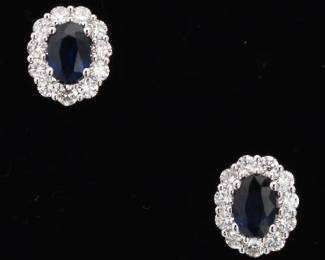 Ladies Pair of Gold, Blue Sapphire and Diamond Ear Studs
