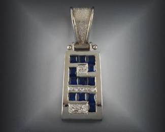 14K Art Deco Style Diamond And Sapphire Pendant