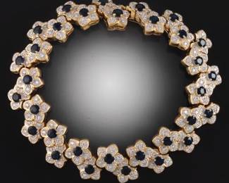 Ladies Gold, Blue Sapphire and Diamond Floral Design Bracelet