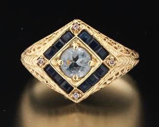 Ladies Edwardian Gold, Aquamarine, Blue Sapphire ands Diamond Ring