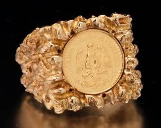 14K Nugget Style Ring With Two Pesos 21.6K Gold coin.