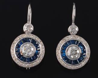 Ladies Art Deco Style Pair of Gold, Blue Sapphire and Diamond Earrings