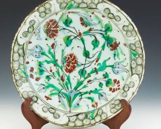 Ottoman Empire Iznik Style Pottery Dish, on Stand
