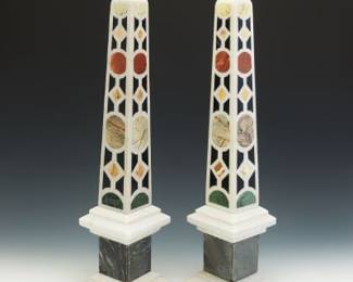 Pair of Marble Obelisks with Pietra Dura Inlay