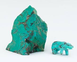 Canadian First Nations Carved Turquoise Bear on Boulder Base, Wood Stand