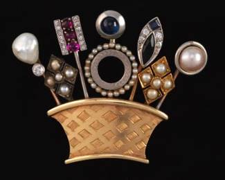 Custom Made Gold, Gem Stones and Diamond Floral Basket Pin Brooch