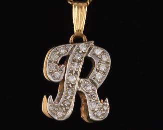 Ladies TwoTone Gold and Diamond Letter R Pendant on Chain