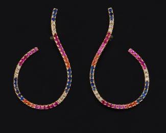 Ladies Pair of Elegant Gold and Multicolor Sapphire Scroll Earrings