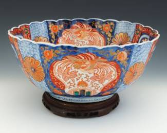 Monumental Japanese Imari Porcelain Chrysanthemum Bowl, on Rosewood Stand, Meiji