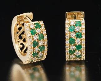 EFFY Vintage Pair of Gold, Emerald and Diamond Huggies
