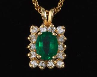 Ladies Gold, Emerald and Diamond Pendant on Chain