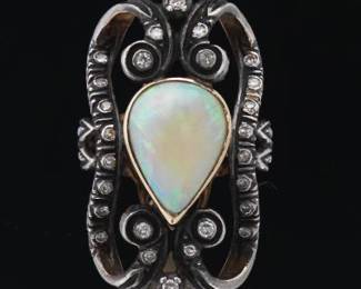 Ladies Early Victorian Custom Made Gold, Silver, Opal and Diamond Ring