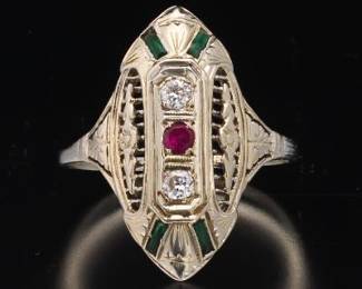 Ladies Art Deco Gold, Diamond, Ruby and Emerald Ring