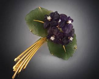18K Gold Amethyst, Nephrite and Diamond Floral Brooch