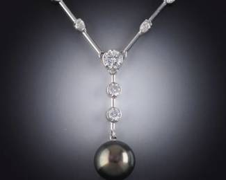 Ladies Vintage Platinum, Tahitian Pearl and Diamond Lavaliere Necklace