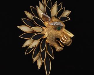 Oversized Gold, Black Onyx, Bone, Emerald and Diamond Lion Head Pendant
