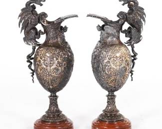 Pair of Impressive Silvered Bronze Renaissance Revival Style Large Ewers on Marble Bases, from Larry Flynts Estate