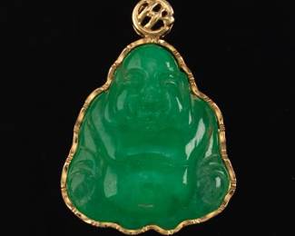 Ladies Gold and Green Jade Buddha Pendant