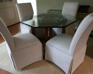 Wood Base Asian Inspired Table & 4 Upholstered Chairs