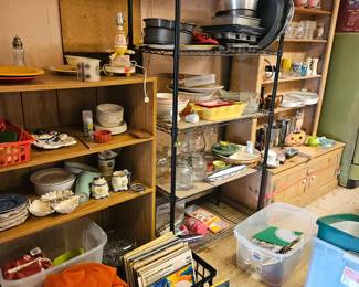 Kitchen dishes cups glasses records toys