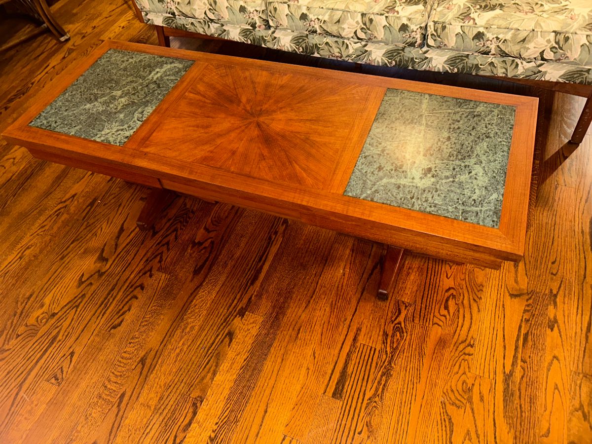 Vintage Custom Made Teak Coffee Table With Marble Design Top
