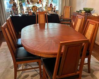 20th Century Thai Teak Dining Table with 8 Chairs and Two Leaves.
