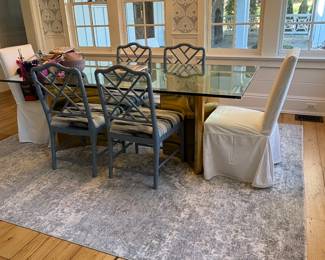 Restoration Hardware Glass Dalton table with brass bases