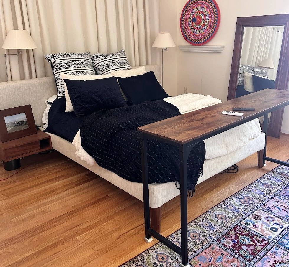 "Design Within Reach" bed, standing mirror, industrial wood and metal console and side tables