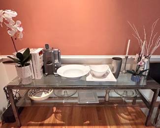Industrial-style glass and metal sideboard with coffee machine