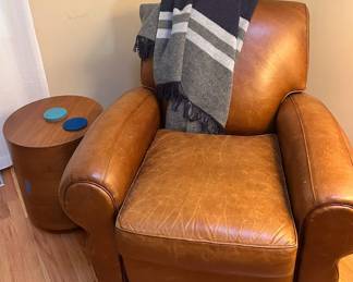 Leather club chair and wood drum side table