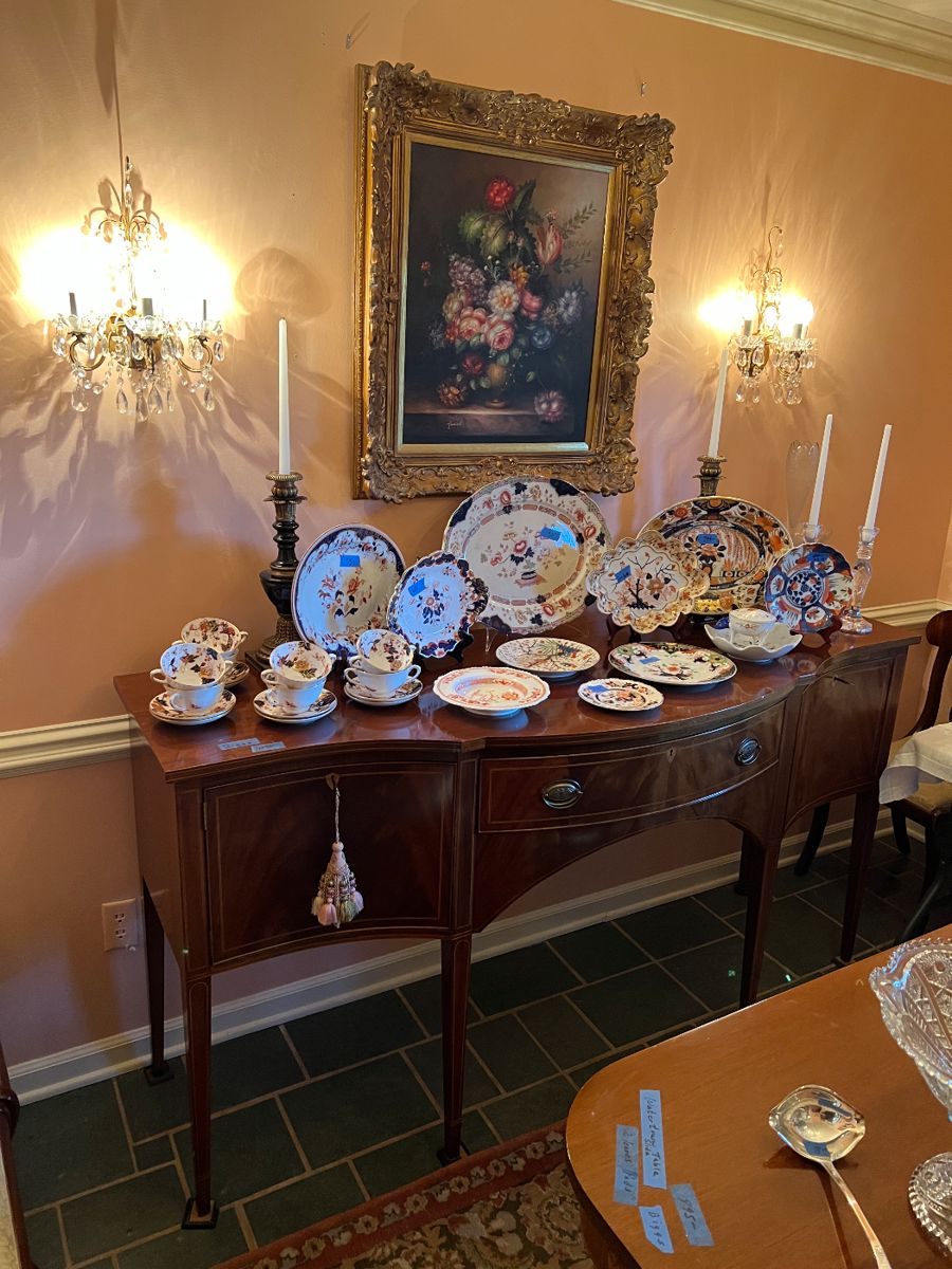 Biggs sideboard, china including Imari, Coalport, misc porcelain, artwork, sconces